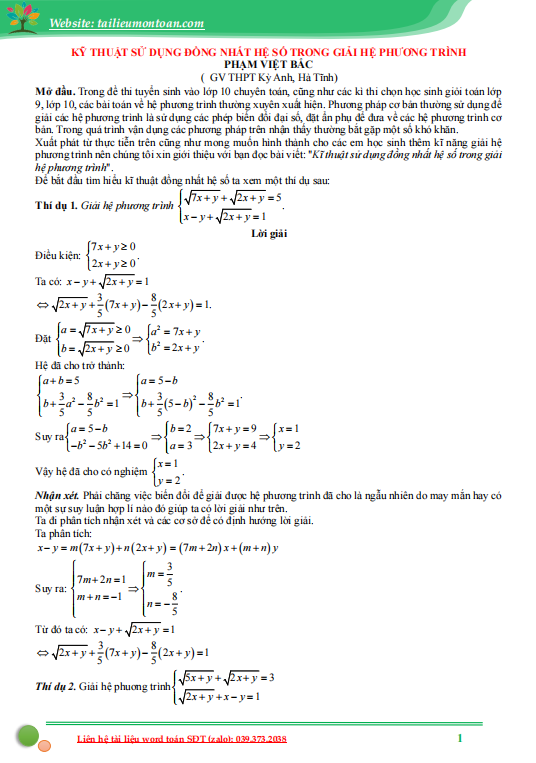 Kĩ thuật đồng nhất hệ số để giải hệ phương trình